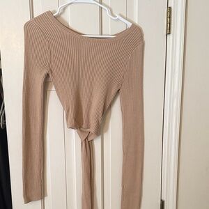 Tan Ribbed Long Sleeve Tie- back Top
